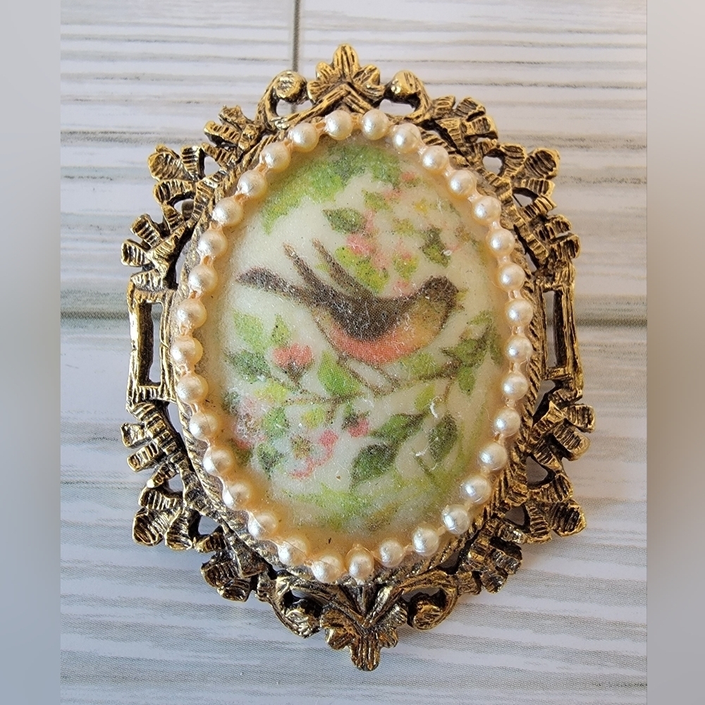 Vintage Bird Floral Brooch Faux Pearl Ornate Gold Tone Cottagecore Pin